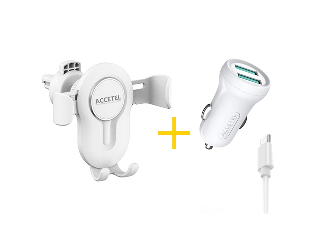 Pack Auto Suporte ACCETEL SP118 + Cabo Type C + Carregador para Apple iPhone 16 ACCETEL CC267 2X USB 2.4A Branco