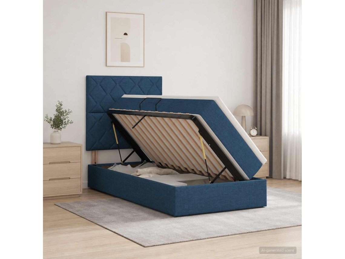 Vidaxl Cama Com Arrumação E Colchão Azul 100 X 200 Cm Tecido