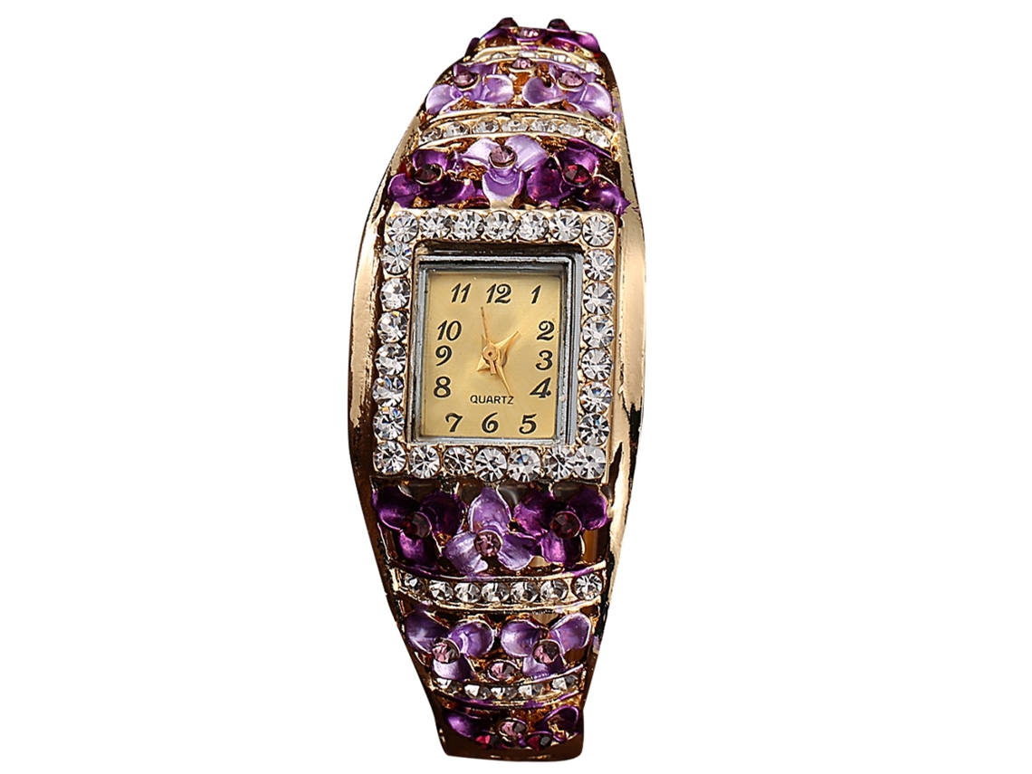 Relógio Pulseira Feminino Quartzo com Pedras Strass e Flores Oca 2