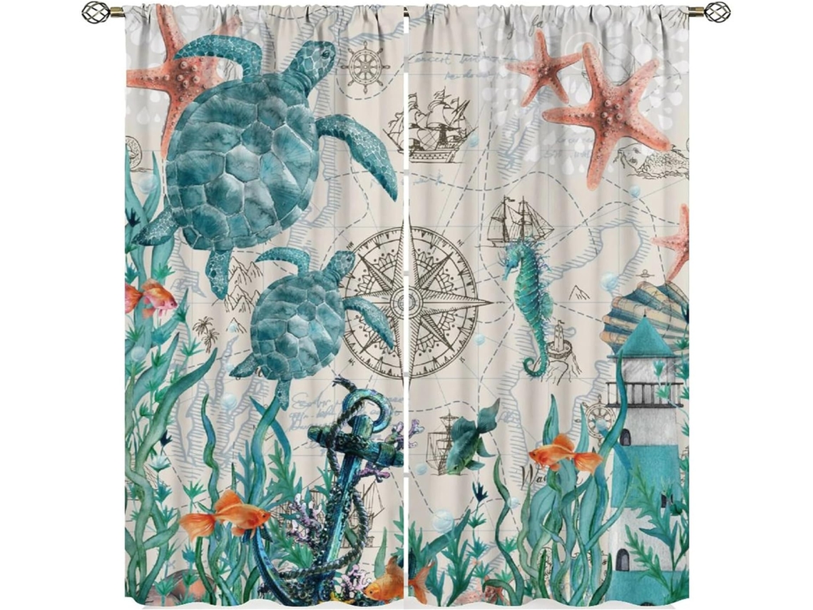 Cortinas Com Estampa De Cavalos Marinhos, Corais, Mapa Náutico E Estrelas Do Mar, Tema Praia, Ideais Para Quarto E