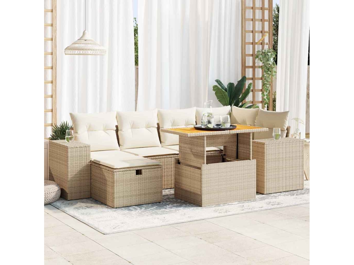 Vidaxl 8 Pcs Conjunto Sofás Jardim Com Almofadões Vime Pe/acácia Bege