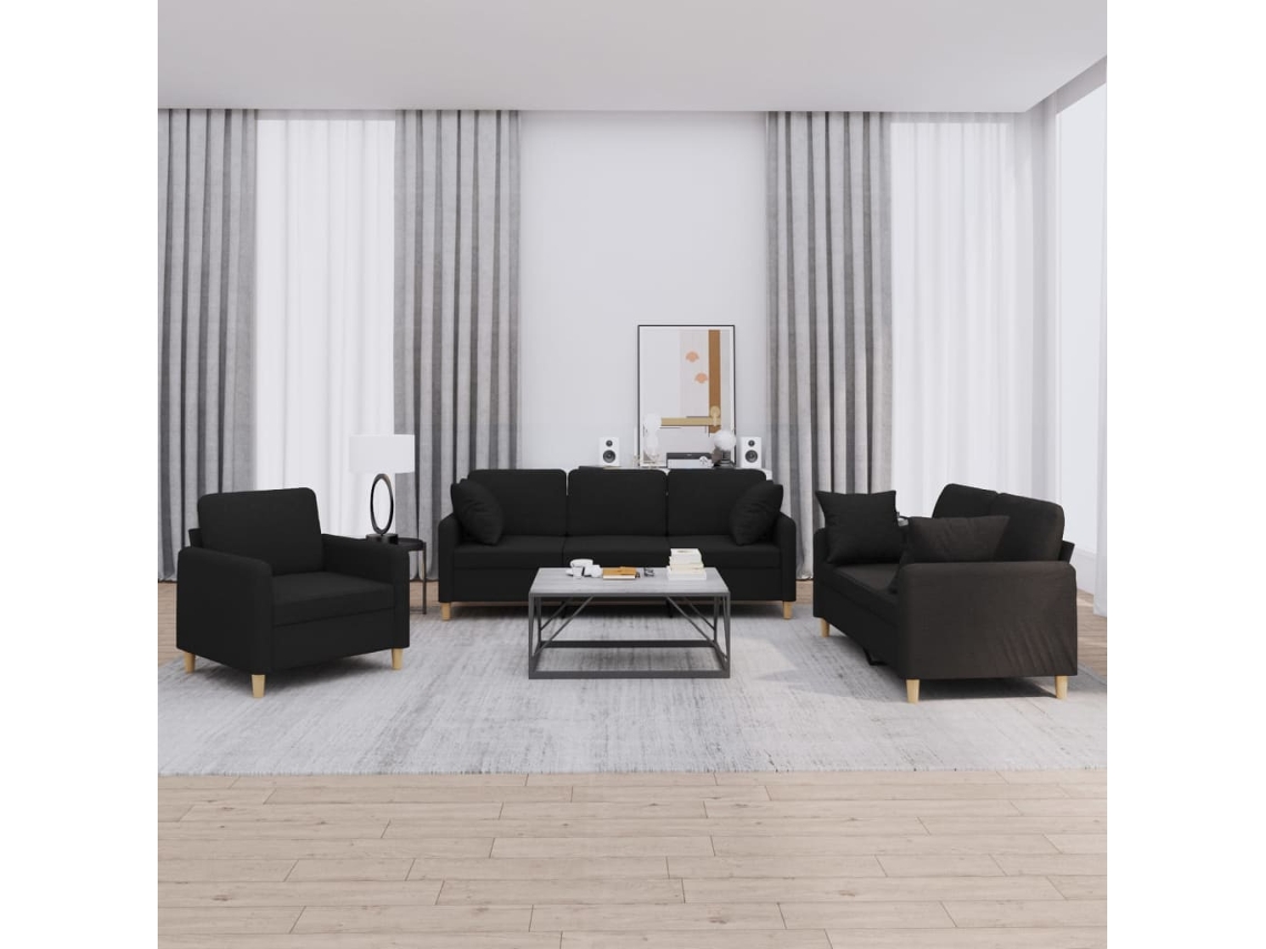 Vidaxl 3 Pcs Conjunto de Sofás com Almofadas Tecido Preto