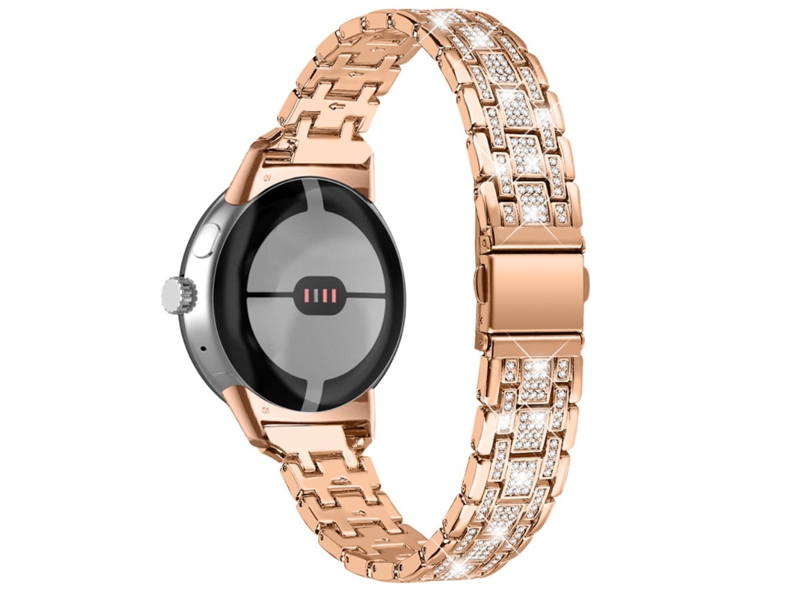 Bracelete de Metal Strass Decoração 5 Contas Fivela de Pressão Dupla para Google Pixel Watch Ouro Rosa