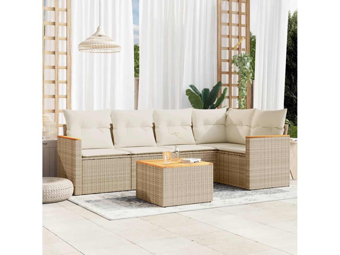 Vidaxl 6 Pcs Conjunto De Sofás P/ Jardim Com Almofadões Vime Pe Bege