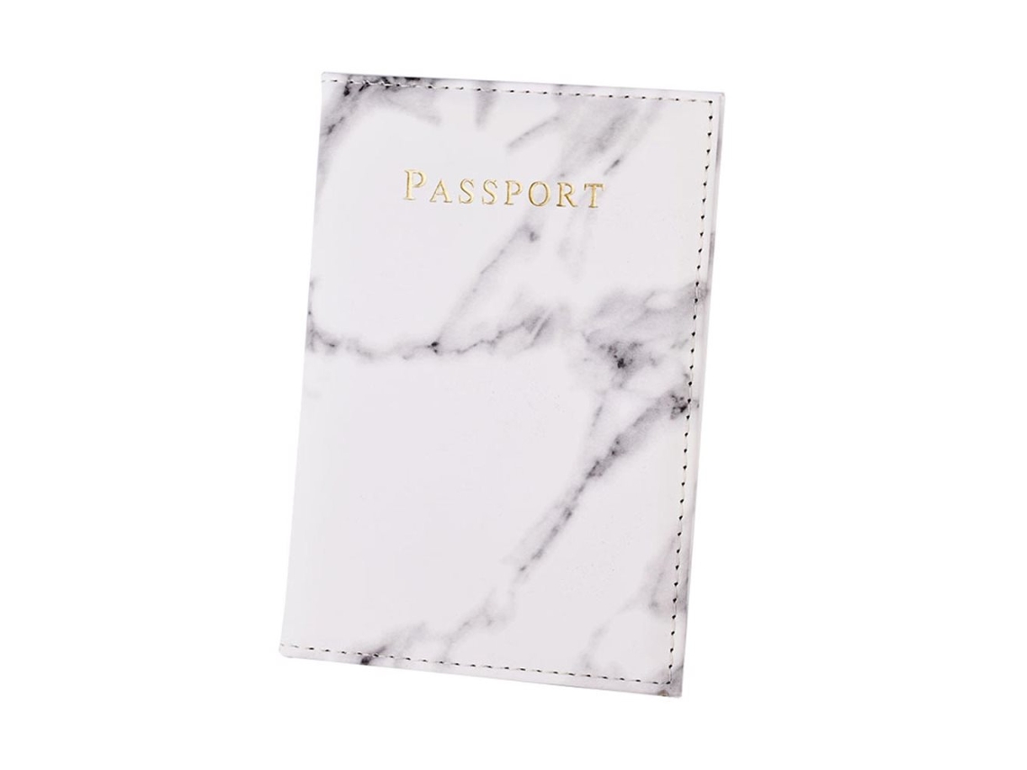 Porta-passaporte Em Couro Com Estampa De Mármore Branco E Detalhes Dourados