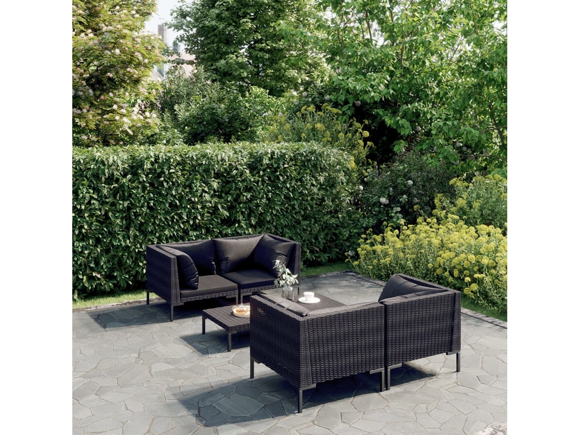Vidaxl 5 Pcs Conj. Lounge Jardim C/ Almofadões Vime Pe Cinzento-escuro