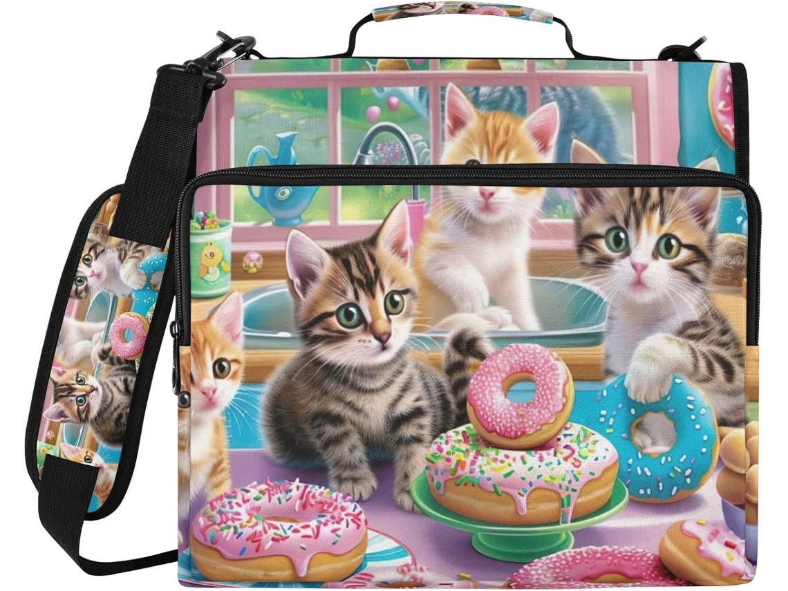 Pasta De 3 Argolas Com Estampa Gatinhos Fofos Comendo Donuts, Organizador À Prova D Água, Com Compartimento Laptop