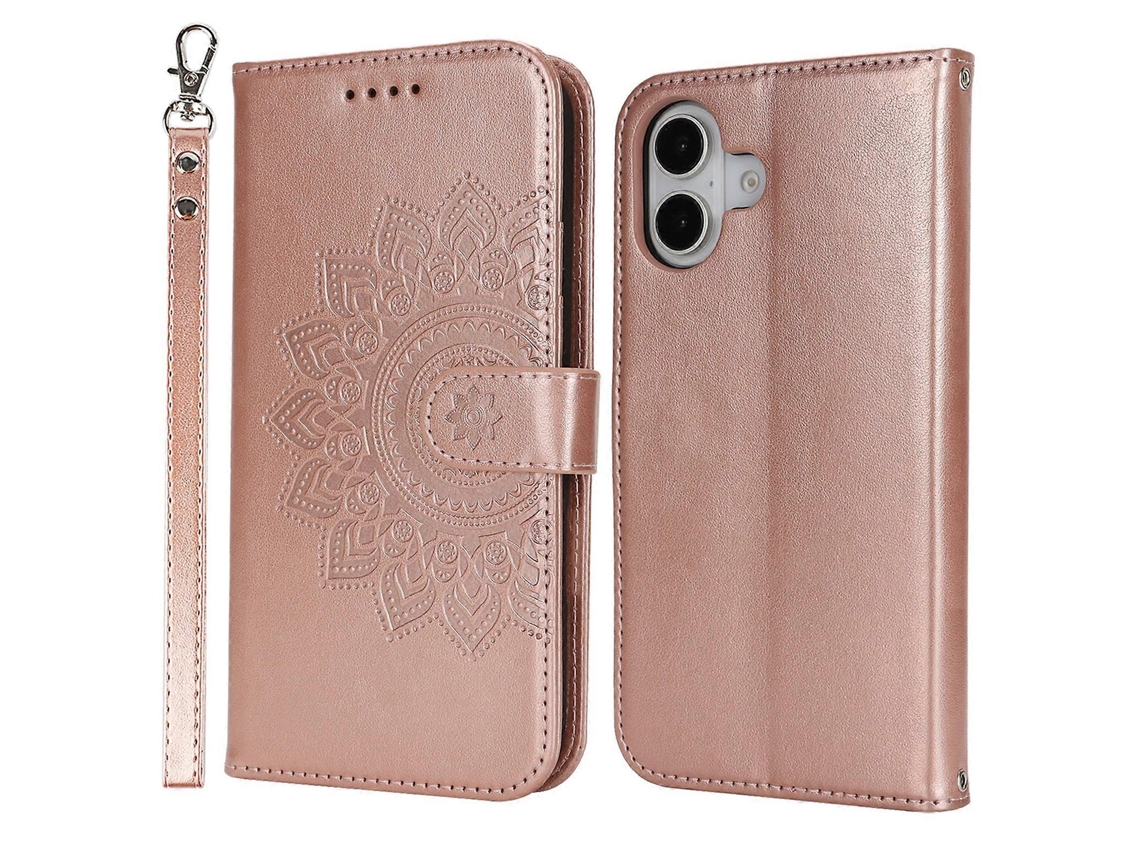 Capa Tipo Carteira De Couro Texturizado Com Suporte Para Iphone 16 E Alça Em Ouro Rosa