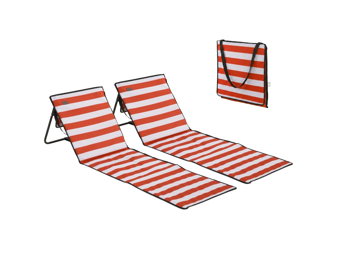 Conjunto 2 Esteiras Praia Dobrável Acolchoadas Encosto Reclinável 142x51x40cm Branco Vermelho ZENCORE SERVICES