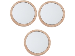 Conjunto de 3 mini espelhos cosméticos com suportes redondos feitos de material composto leve.