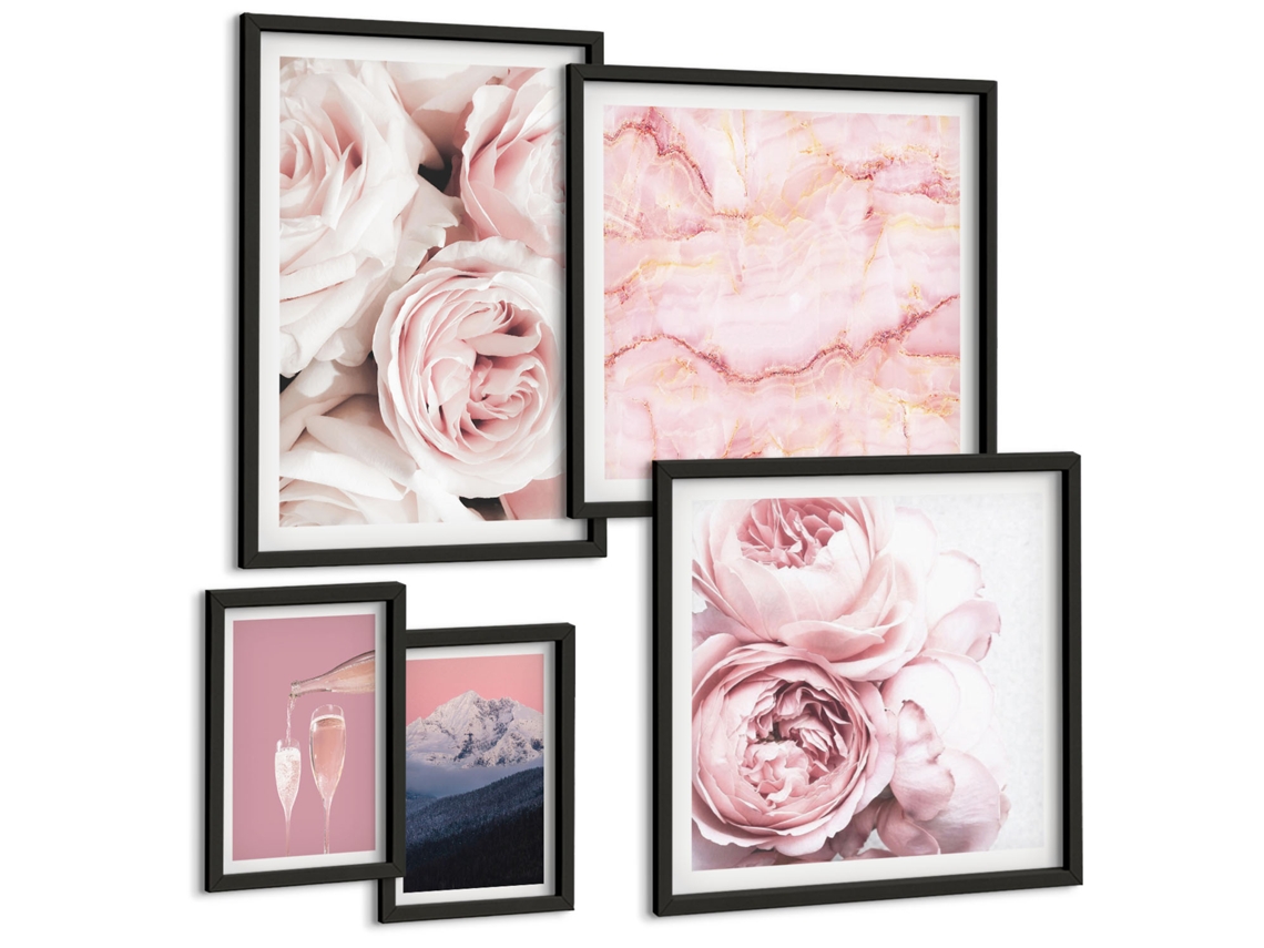 Galeria De Pinturas Murais Flores Rosa, Mármore, Tons Pastel Moldura Preta Quadros Para A Sala De Estar Espelharte (conjunto De 5 Imagens)
