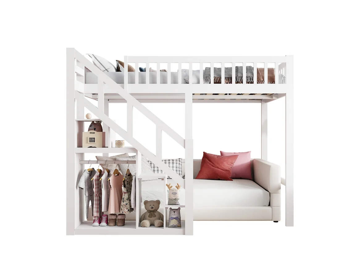 Beliche 90x200 Cm Com Escada E Armazenamento, Cama Infantil E Cama Alta Com Proteção, Madeira Branca Ycone