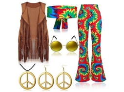 Fasst traje Hippie Anos 70 com Chaleco de Borlas, Calças e Bufanda | S/MARCA