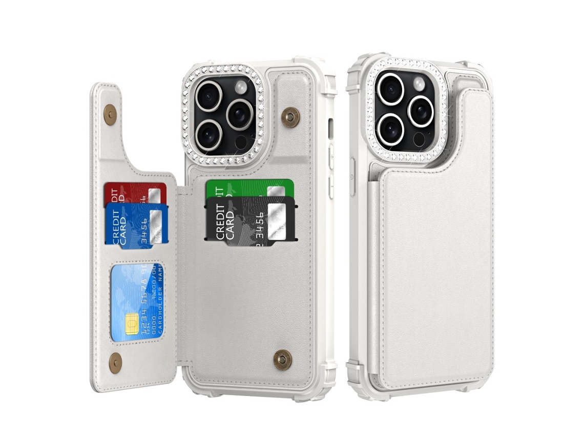 Suporte Casa Para Iphone 15 Pro Pele Sintética Com Porta-cartões Branco