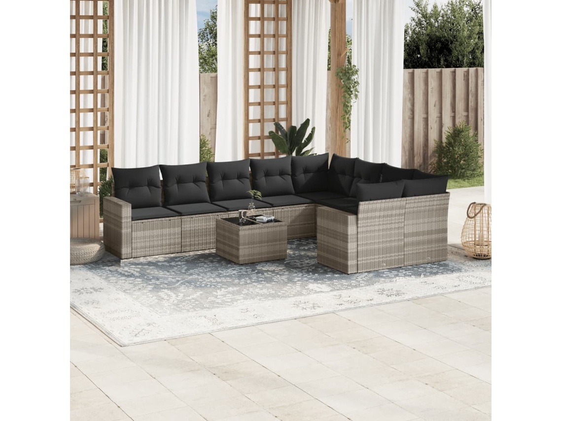 Vidaxl 10 Pcs Conj. Sofás Jardim Com Almofadões Vime Pe Cinzento-claro