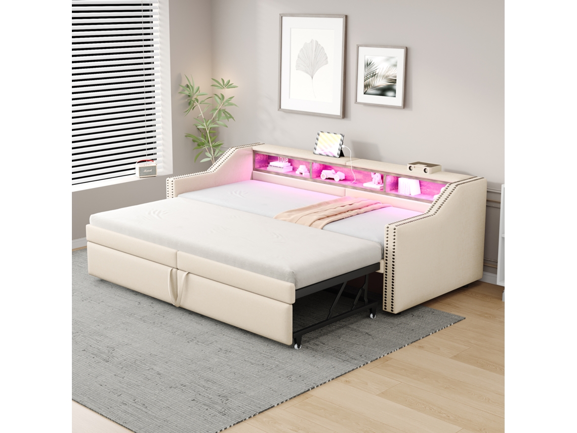 Sofá-cama 90/180x200 Led Usb Ripas Bege