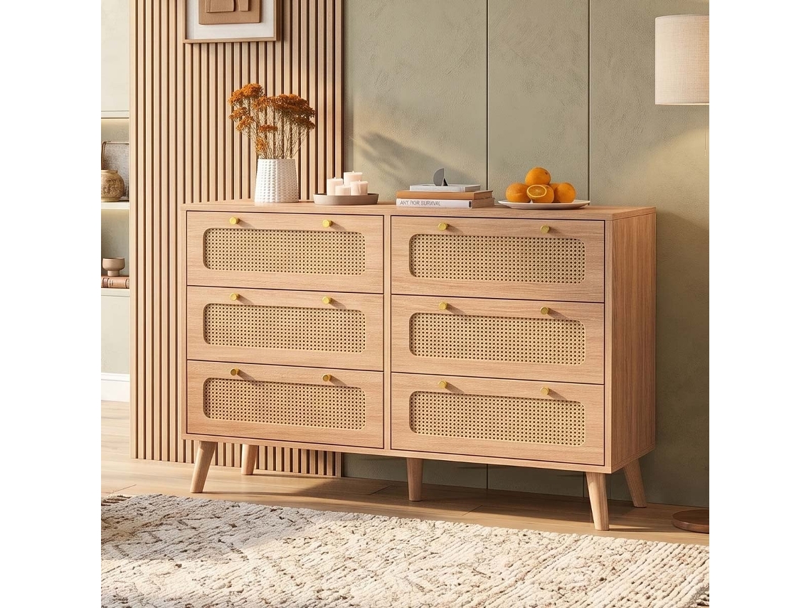 Cómoda de 6 Gavetas em Rattan e Madeira, Aparador de Arrumação para Quarto e Sala, Cor Madeira Natural, 73x100x34 Cm LAZYSPACE