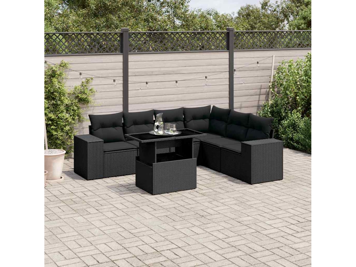 Vidaxl 7 Pcs Conjunto de Sofás P/ Jardim C/ Almofadões Vime Pe Preto