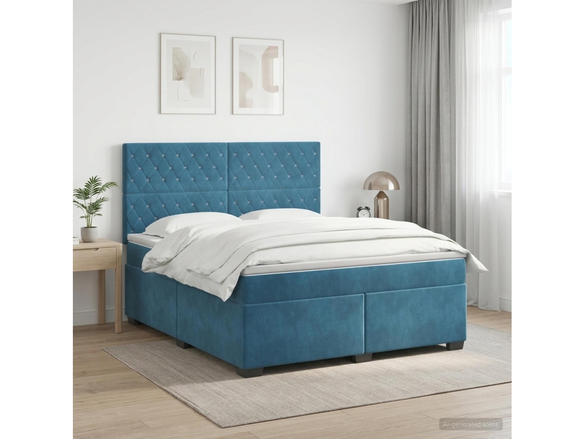 Vidaxl Cama Box Spring Com Colchão Azul 140 X 200 Cm Veludo