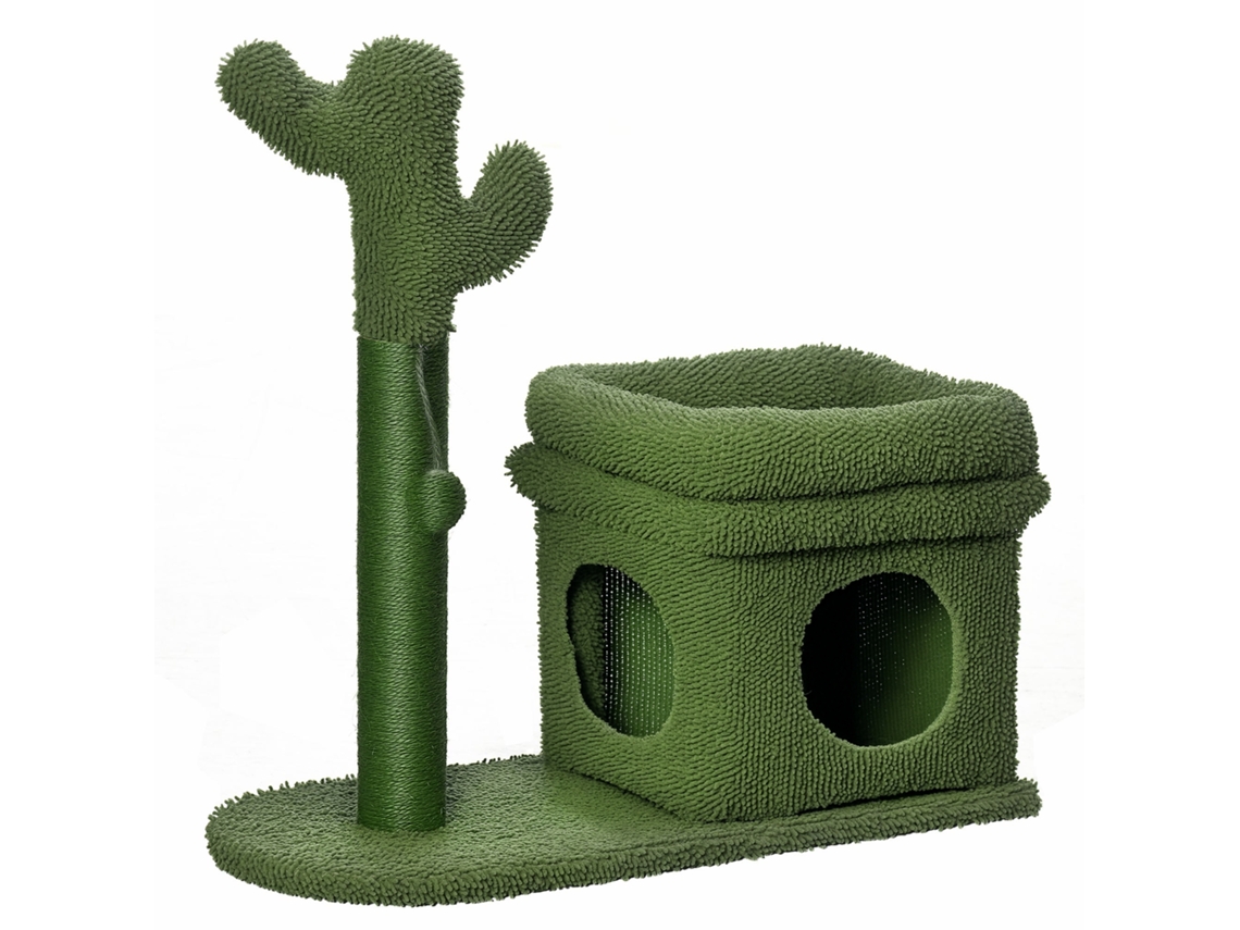 Arranhador para Gatos em Formato de Cacto com Cama em Forma de Caverna, Poste de Sisal e Bola Pendurada, 68x30x67 Cm, Verde. ESSÊNCIACASA
