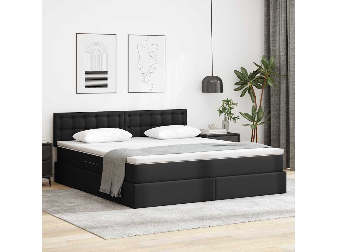 Vidaxl Cama Com Arrumação E Led Preto 180 X 200 Cm Couro Sintético