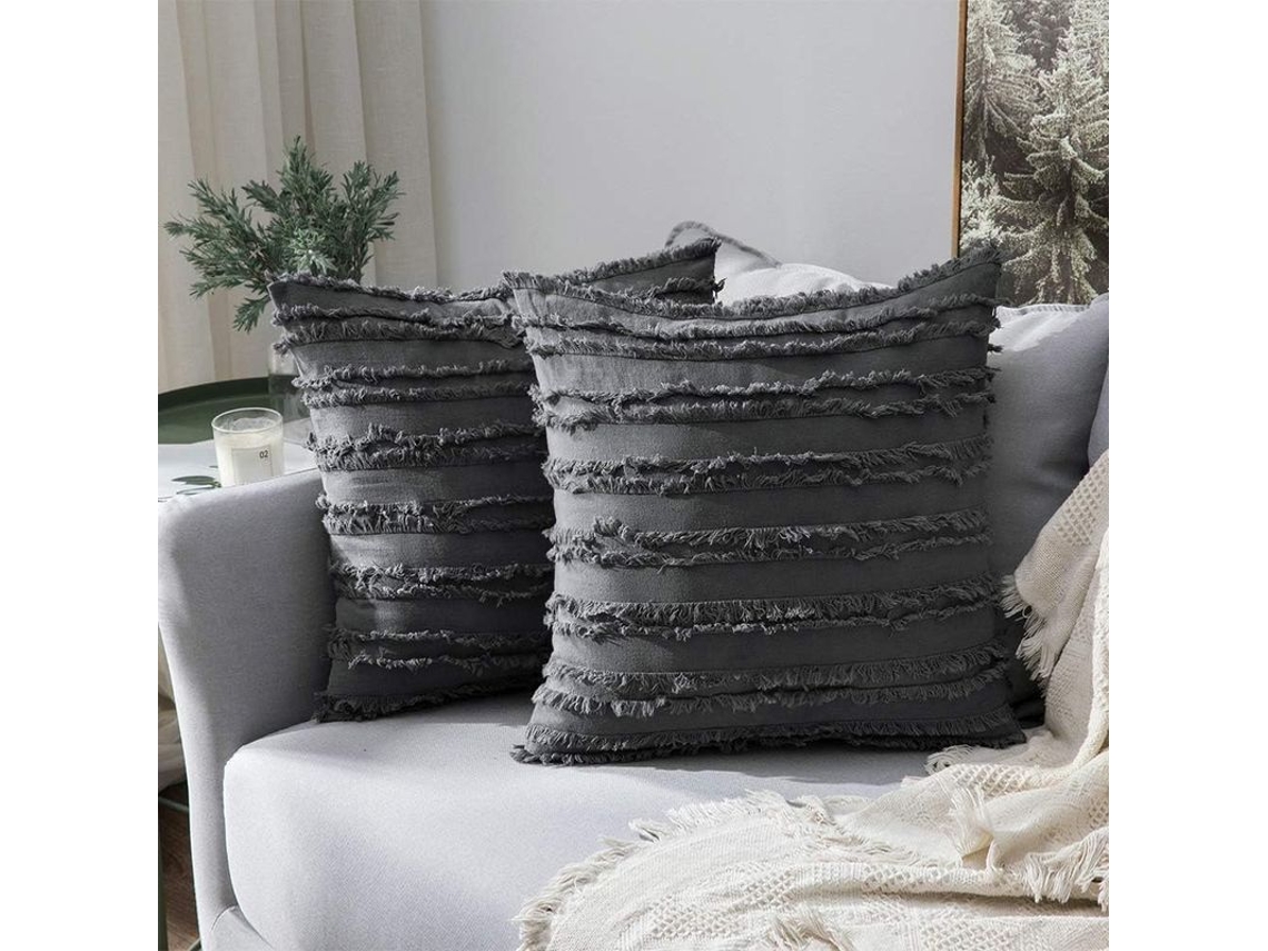 2026-2 Capas De Travesseiro Decorativas Boho Lino Riscado Jacquard 45x45cm Cinza Escuro