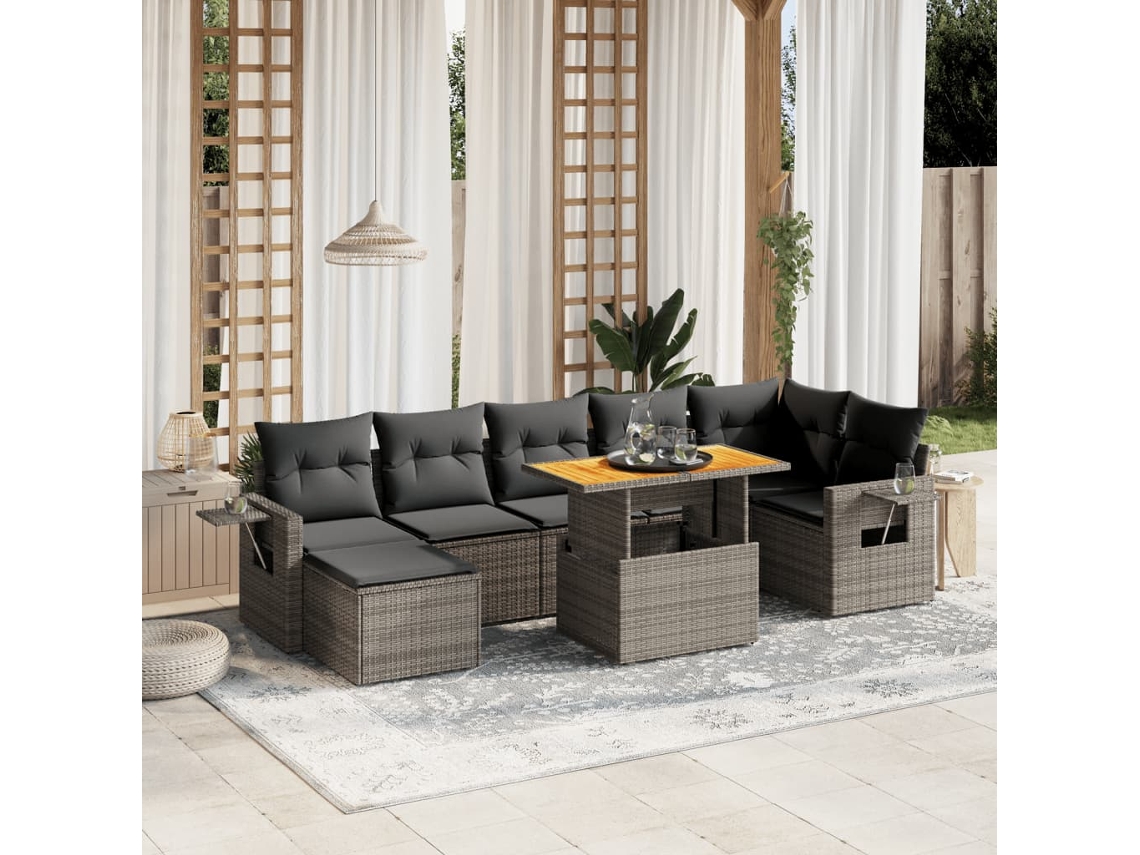 Vidaxl 8 Pcs Conjunto Sofás De Jardim C/ Almofadões Vime Pe Cinzento