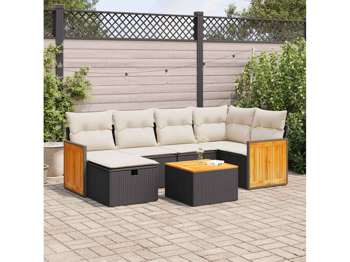Vidaxl 7 Pcs Conjunto De Sofás P/ Jardim C/ Almofadões Vime Pe Preto