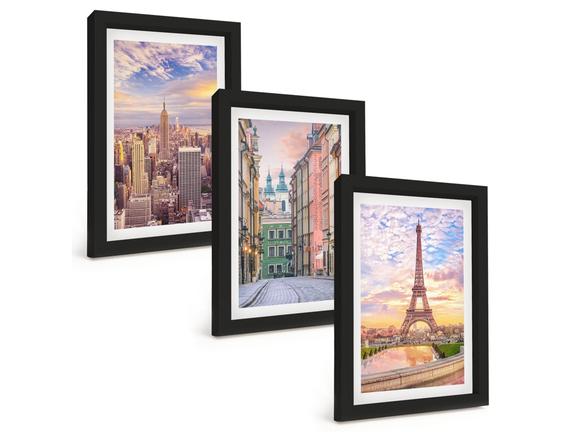 Um Conjunto De Imagens Decorativas Em Uma Moldura Cidades, Nova York, Paris, Crepúsculo Moldura Preta Pinturas De Quarto Espelharte (3 Peças 20x30 Cm)