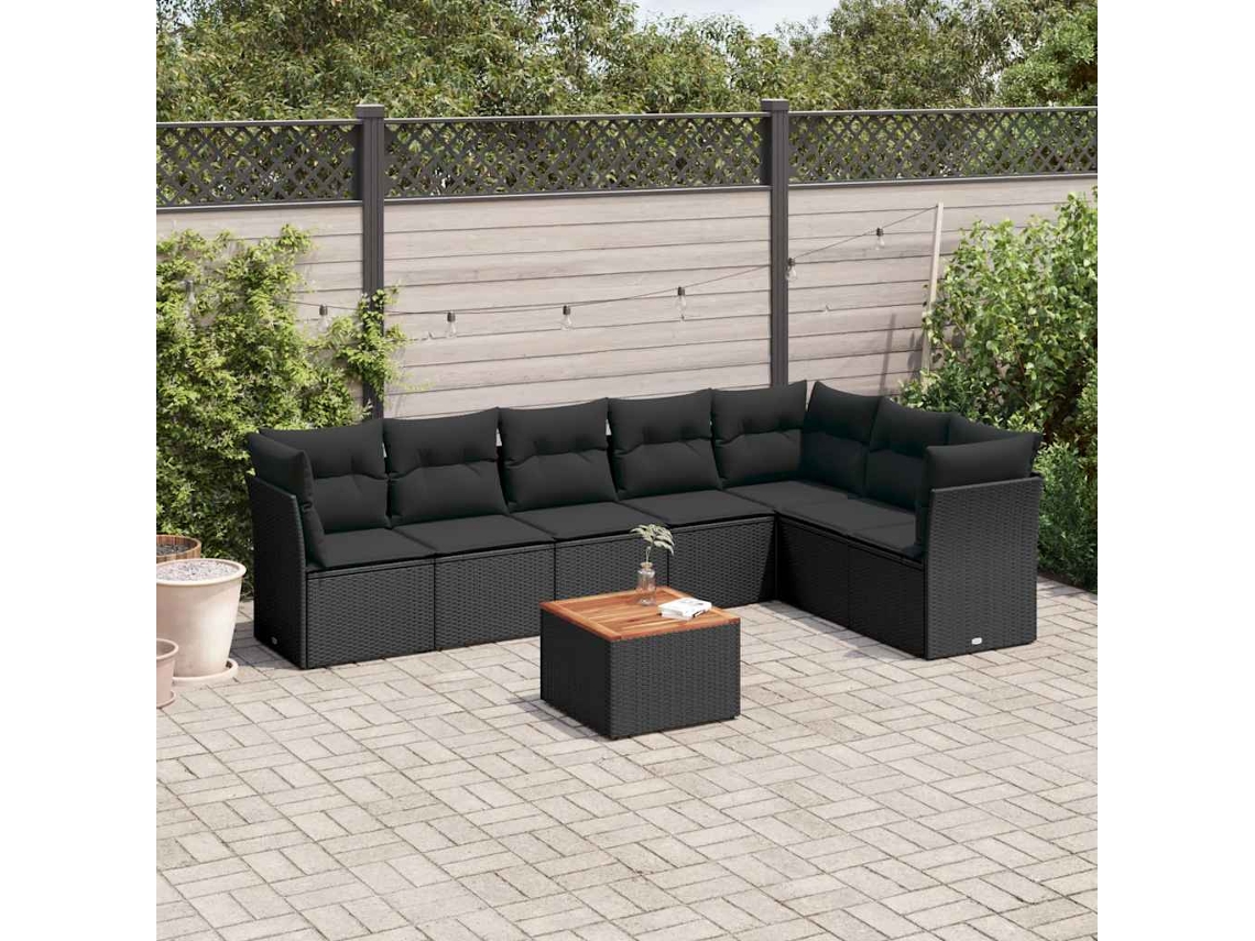 Vidaxl 8 Pcs Conjunto Sofás De Jardim Com Almofadões Vime Pe Preto