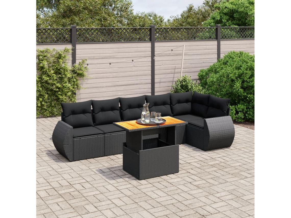 Vidaxl 7 Pcs Conjunto De Sofás P/ Jardim C/ Almofadões Vime Pe Preto