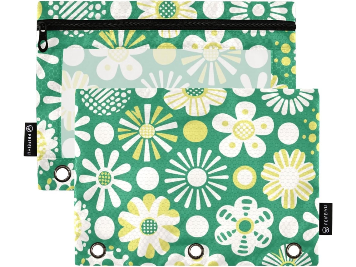 Pasta verde com estampa de bolinhas e flores, com visor transparente e ilhós, 3 argolas para guardar material escolar.