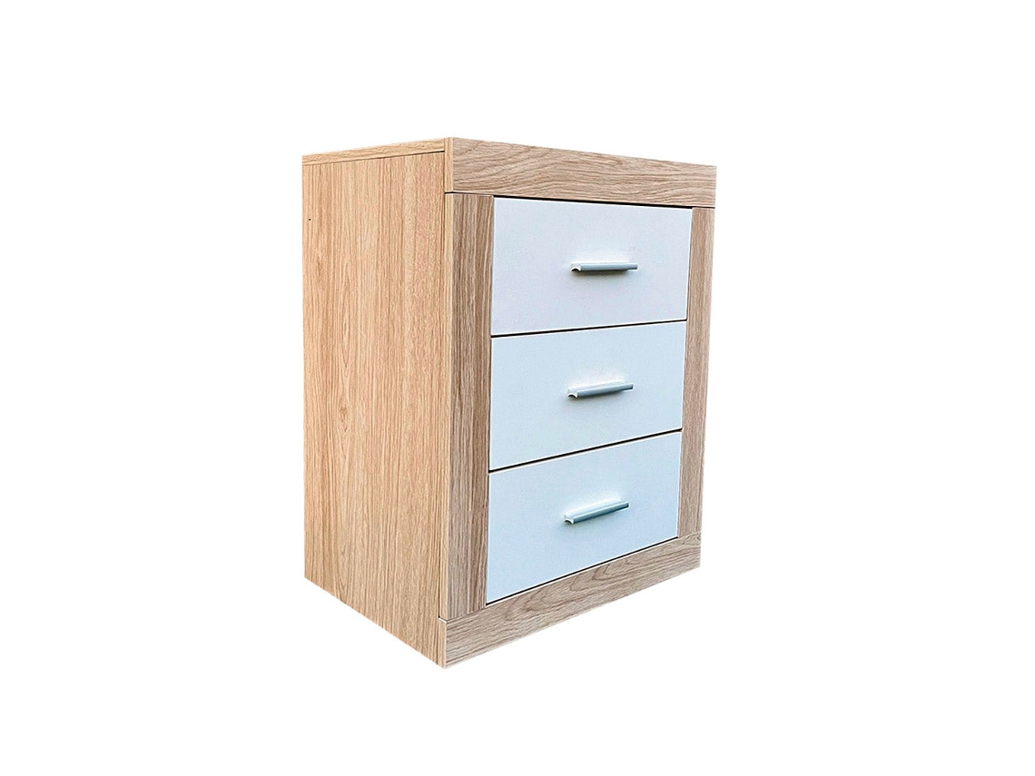 Mesa de Cabeceira Kiara 3 Gavetas Carvalho e Branco 50X60Cm SALDOSYSTOCKS