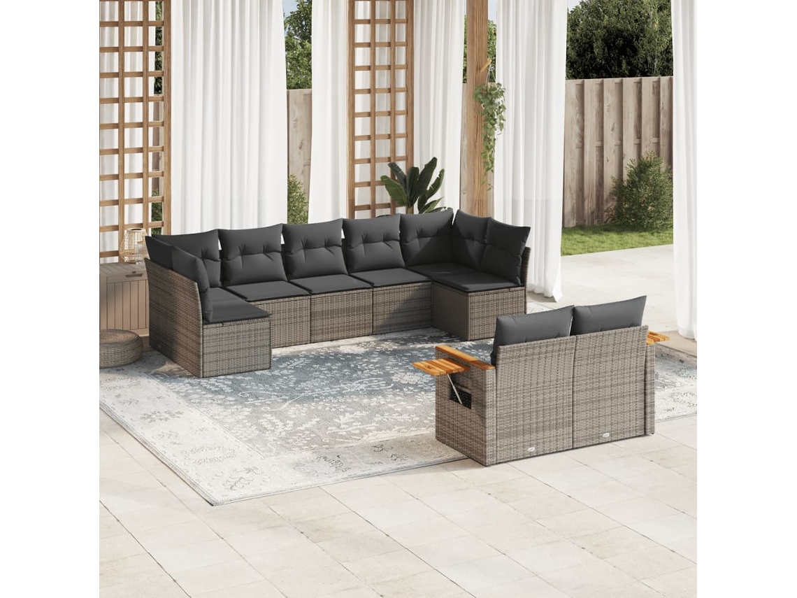 Vidaxl 9 Pcs Conjunto Sofás P/ Jardim Com Almofadões Vime Pe Cinzento