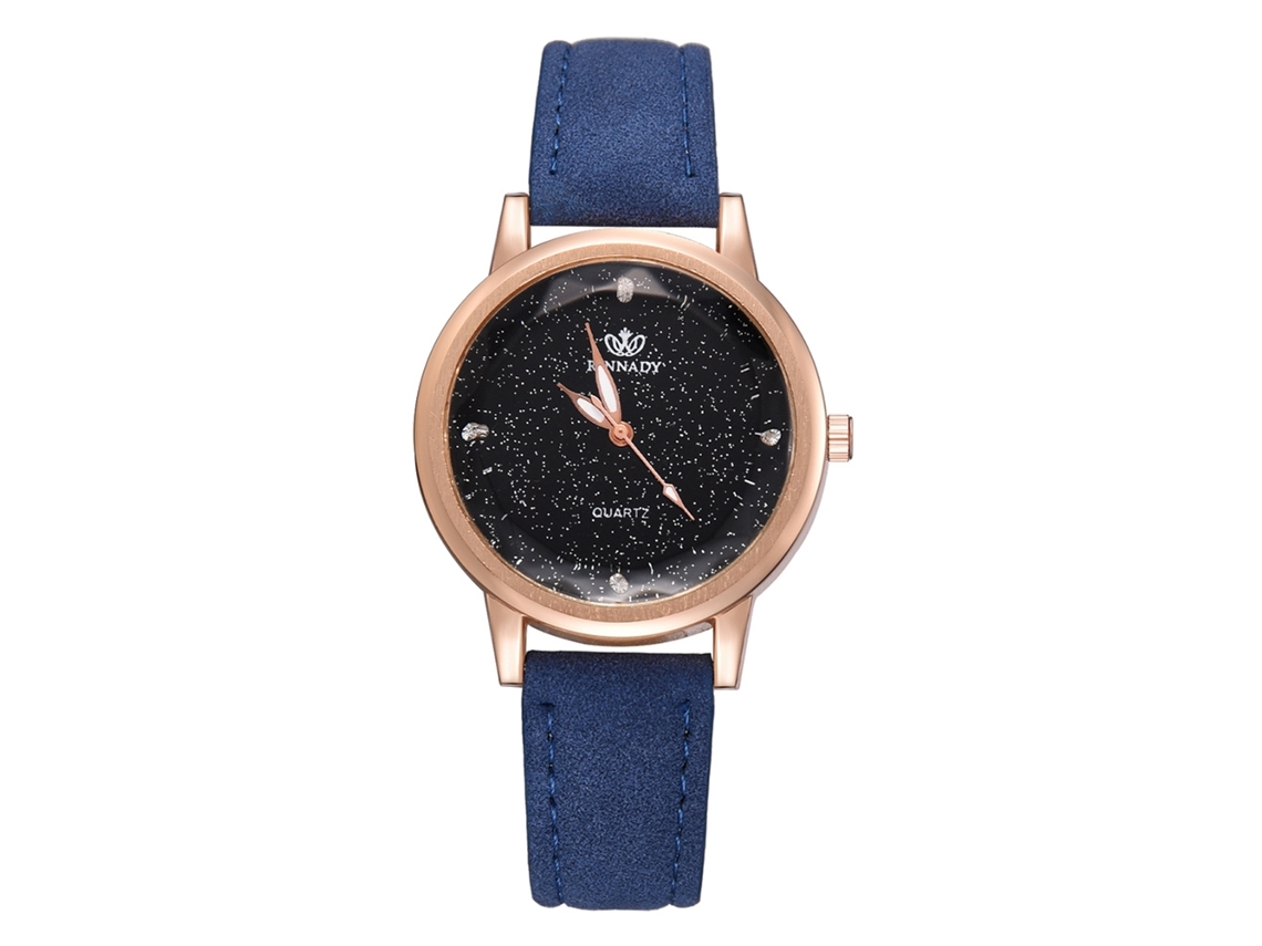 Relógio de Pulso Feminino Moderno de Aço com Pulseira Pu e Dial Redondo Movimento Quartzo Azul