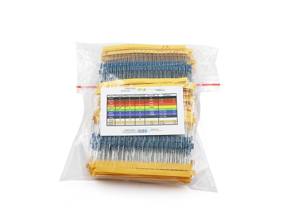Kit de resistores de carbono 1/4w 1% 2600 peças 130 valores fixos 1 Ohm-3m Ohm Componentes elétricos