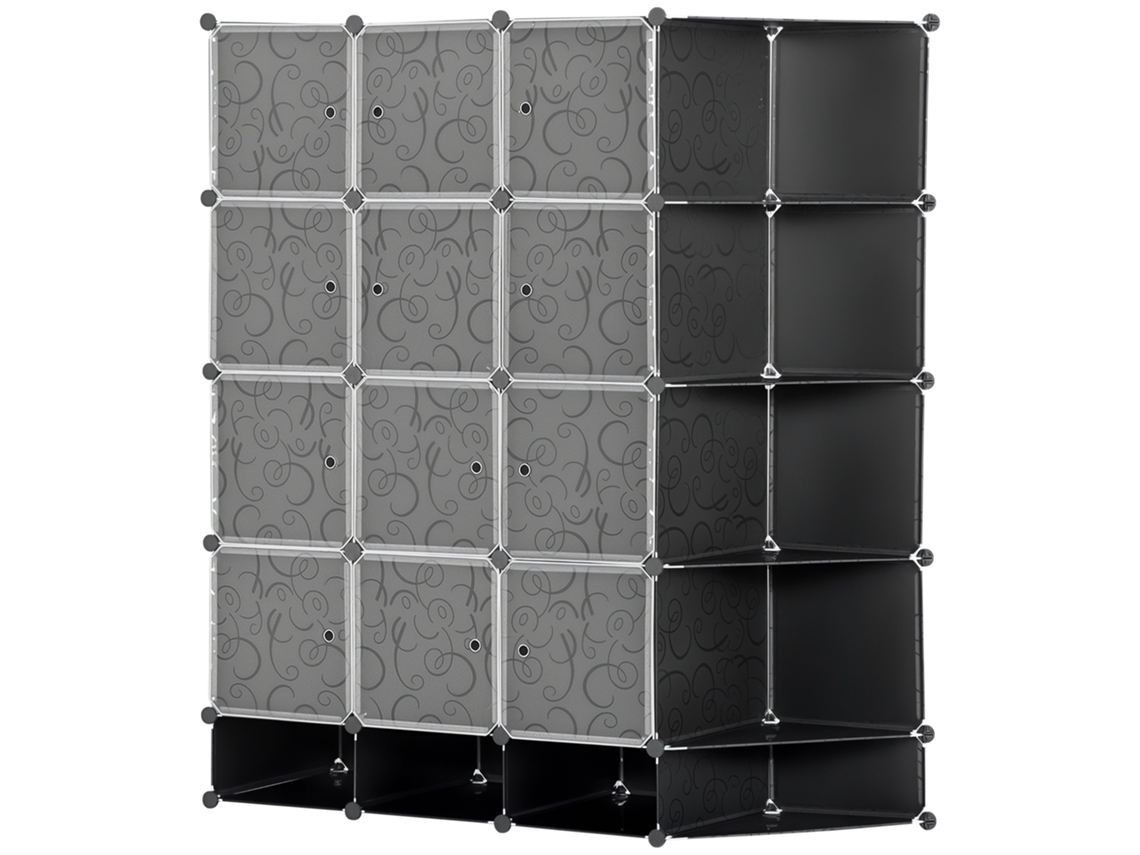 Armário Modular BTFORUS com 16 compartimentos, 2 barras para roupas, preto e branco