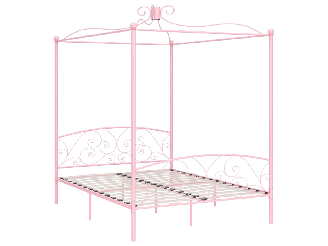 Cama De Casal | Camas Para Quarto | Estrutura De Cama Com Dossel 160x200 Cm Metal Rosa