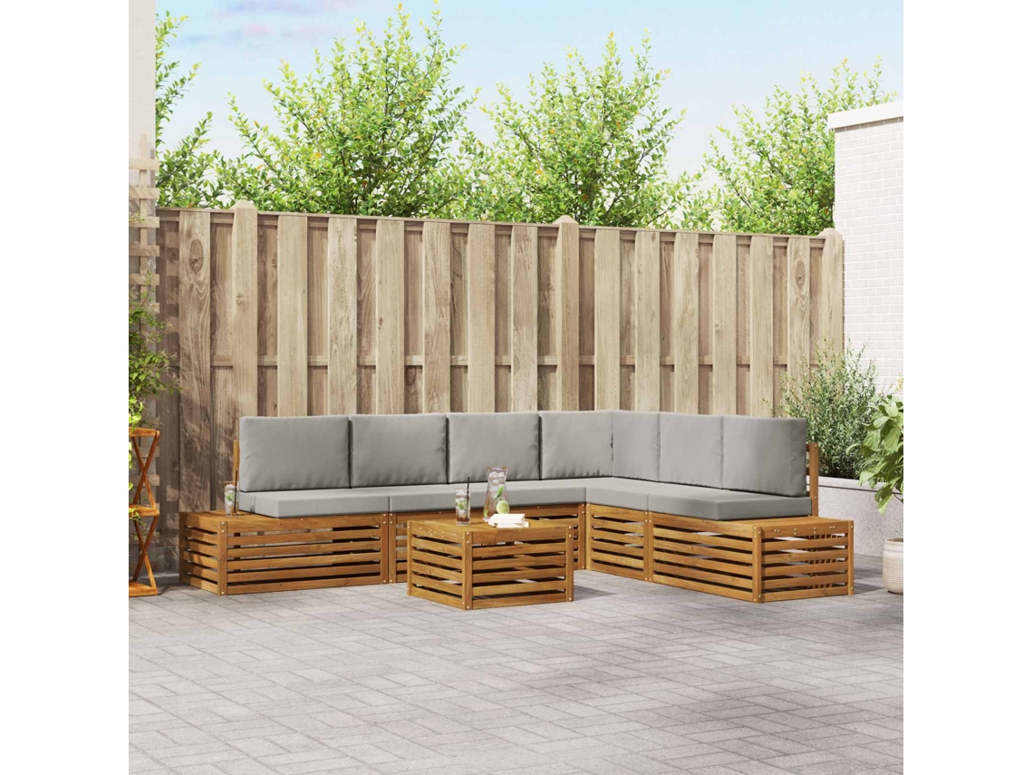Vidaxl 7 Unid. Conjunto De Sofás Para Exterior Cinza Natural E Claro