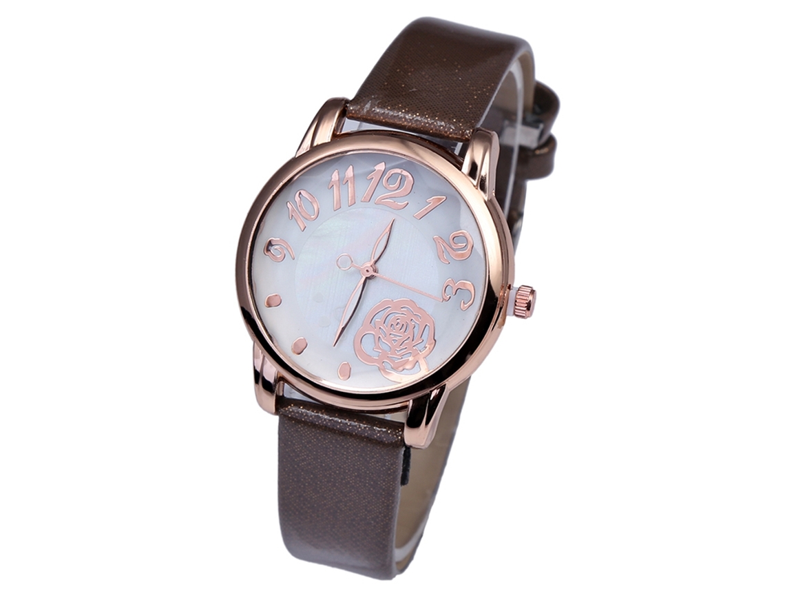Relógio de Pulso Feminino de Couro Pu com Cinto de Liga Quartzo Round Dial Café