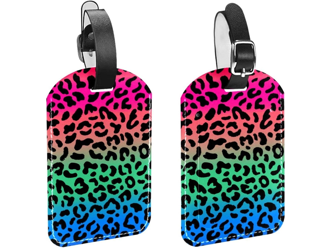 Conjunto De 2 Etiquetas Bagagem Em Imitação Couro Proteção Privacidade Degradê Verde Rosa Azul Estampa Leopardo