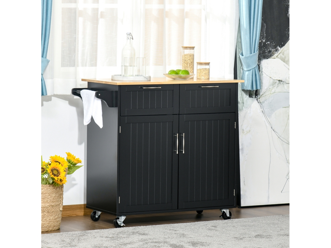 Carrinho de Cozinha C/rodas Móvel Auxiliar Culinária com 2 Gavetas 2 Portas Prateleira Ajustável 104x46x91 Cm Preto