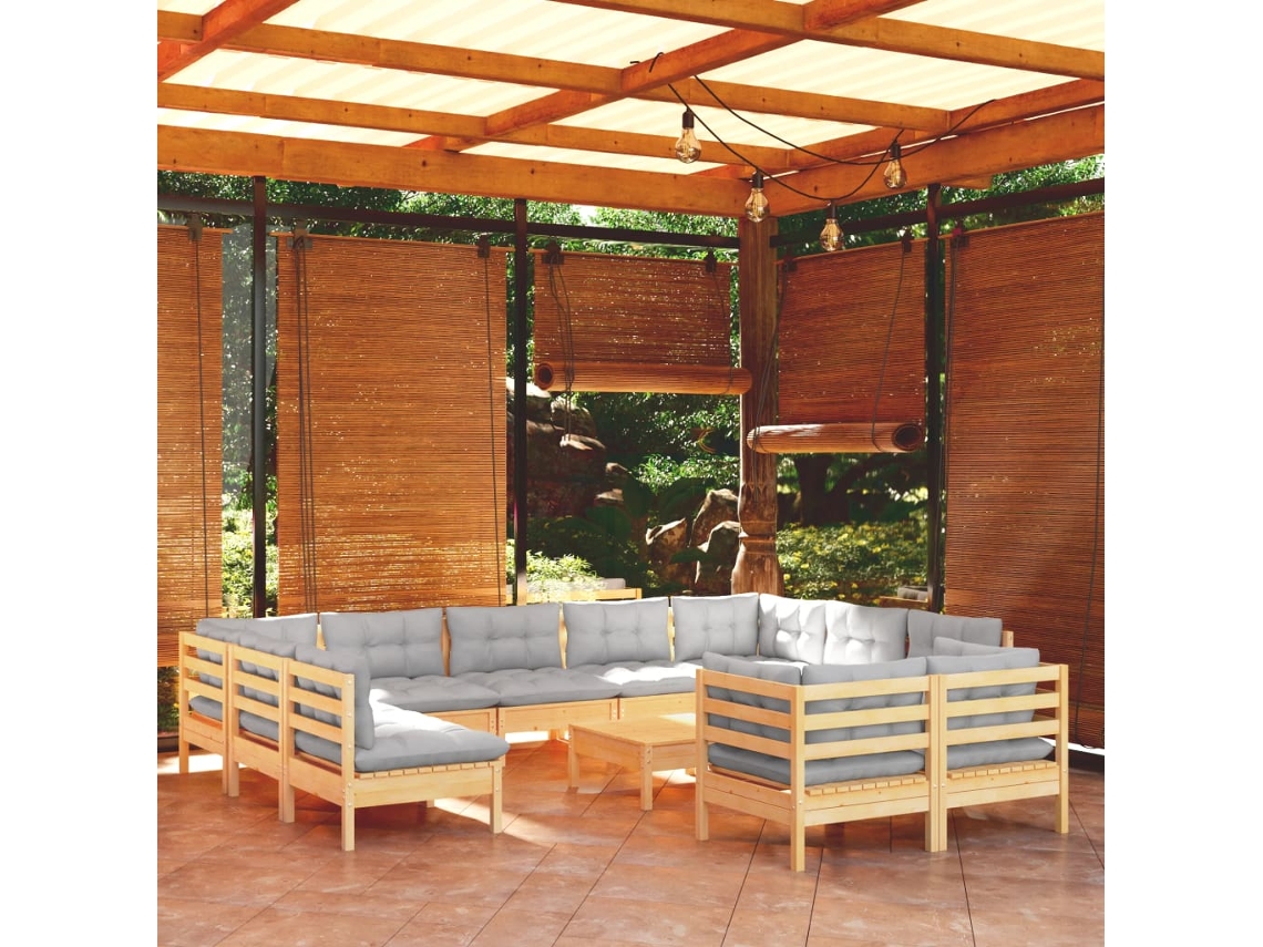 Vidaxl 12pcs Conjunto Lounge De Jardim + Almofadões Cinza Pinho Maciço