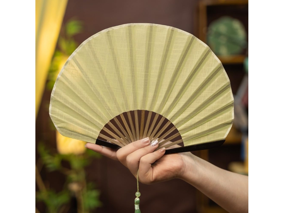 Leque dobrável chinês vintage em bambu, algodão e linho – Acessório elegante para casamento
