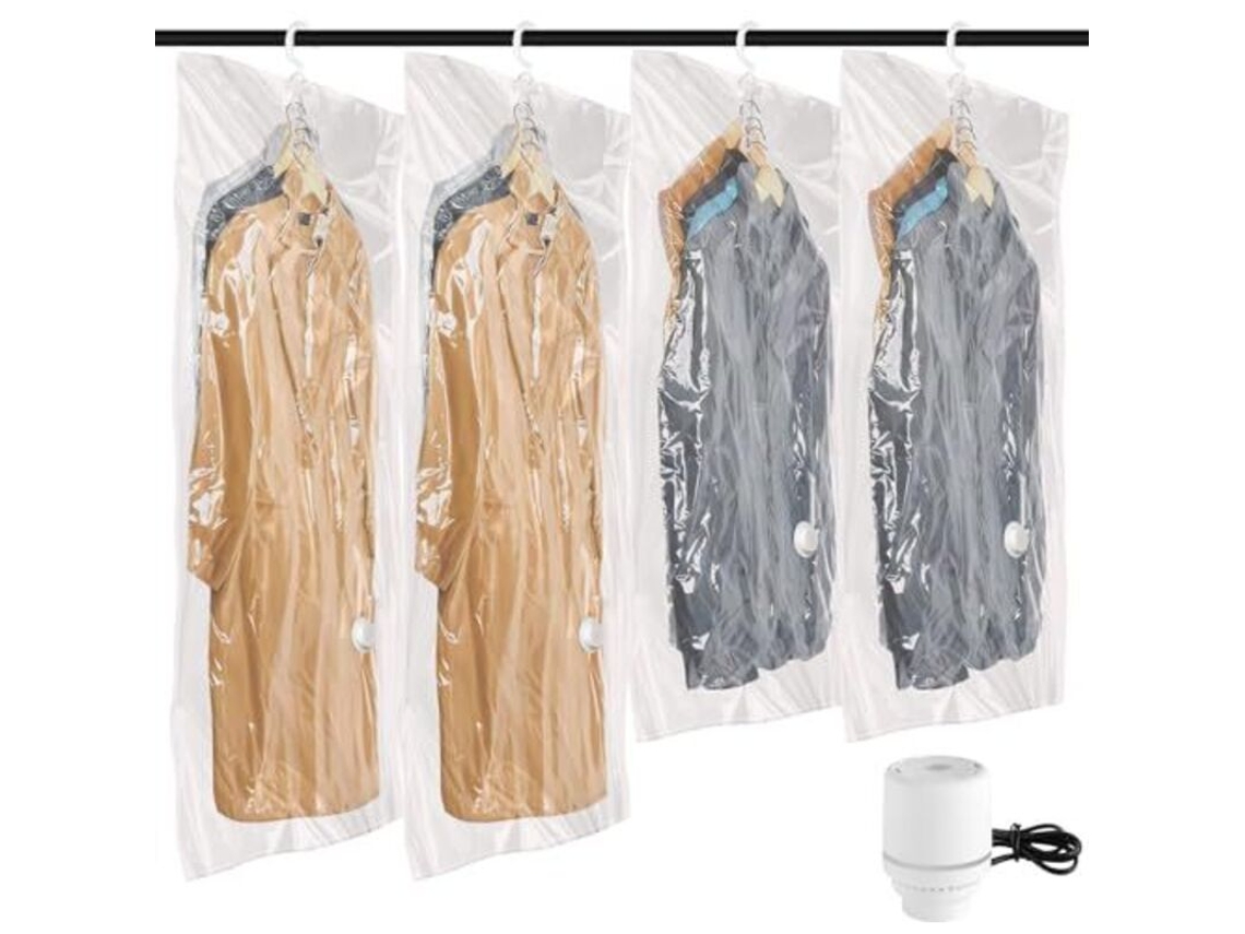 Conjunto De 4 Sacos Armazenamento A Vácuo Com Bomba Elétrica Para Pendurar Roupas, Transparentes E Reutilizáveis, Compatíveis Seladoras