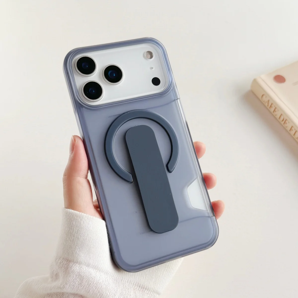 Capa Transparente Fosca Para Iphone 13 (azul) Com Suporte E Proteção Magnética Contra Impactos.