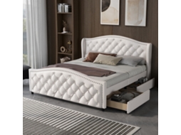 Cama Estofada 160x200 Cm Com Estrado Ripado, 2 Gavetas, Cabeceira Rebites, Madeira/pu Branco Para Adolescentes