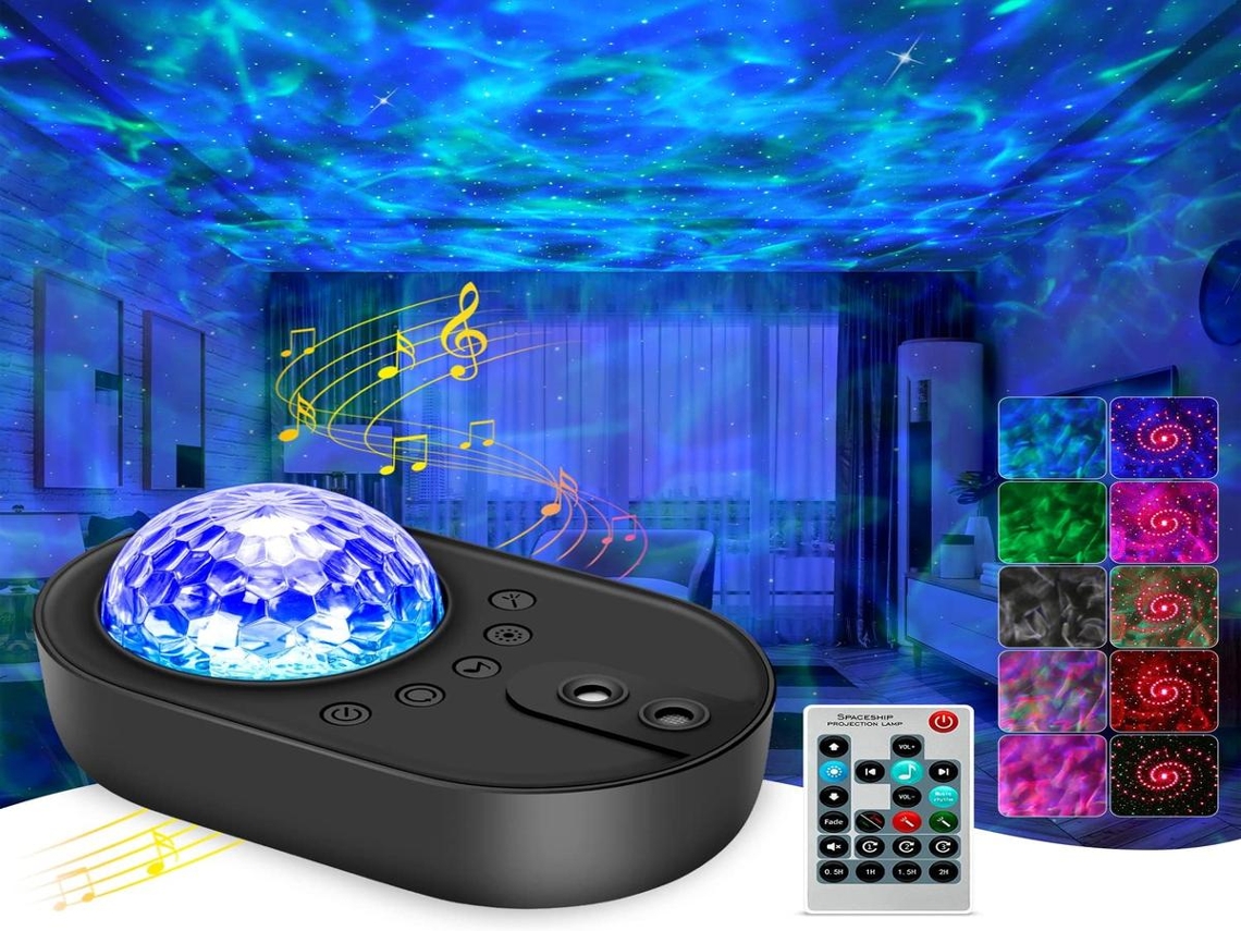 Lurelia Projetor Galáxia Com Coluna Bluetooth, Controlo Remoto, Led, Ondas Do Mar, Céu Estrelado, Som Integrado