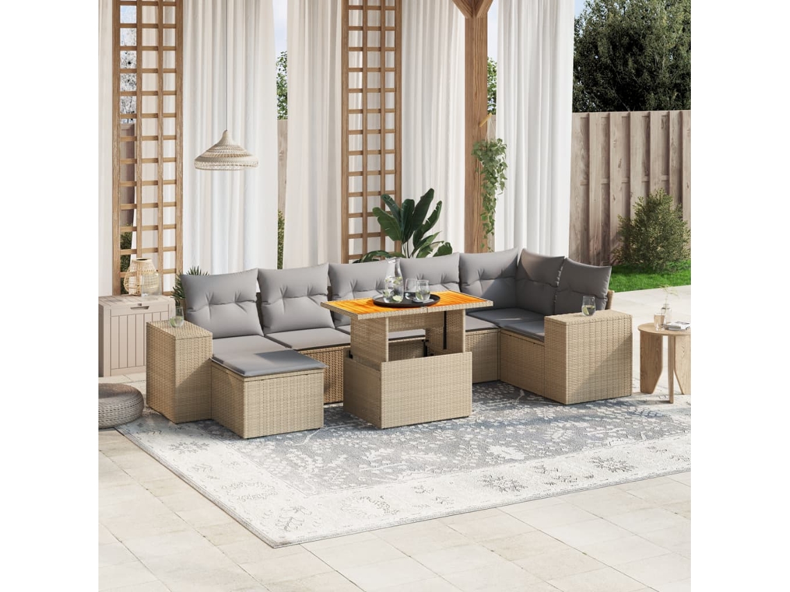 Vidaxl 8 Pcs Conjunto De Sofás P/ Jardim Com Almofadões Vime Pe Bege