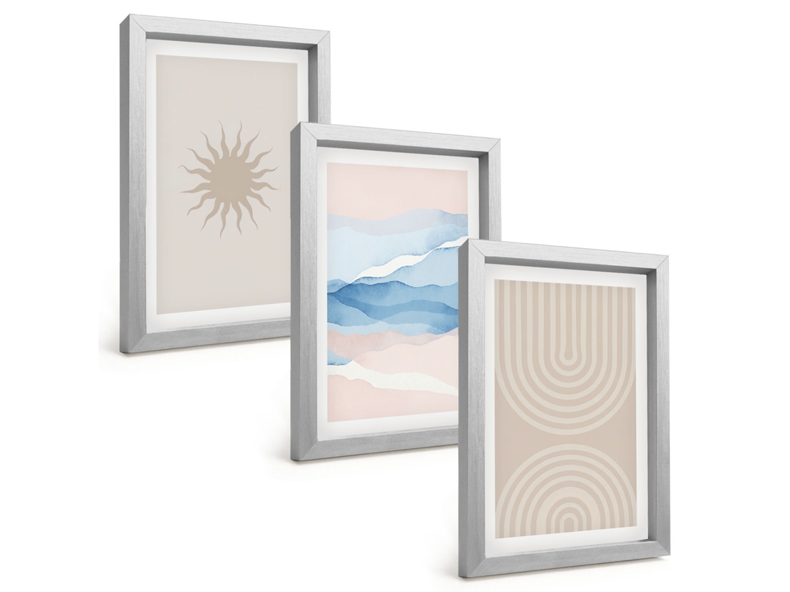 Quadros Decorativos Para Paredesol Ondas, Linhas Abstratas, Tons Pastel Moldura Prateada Quadros Para O Escritório Espelharte (3 Peças 20x30 Cm)